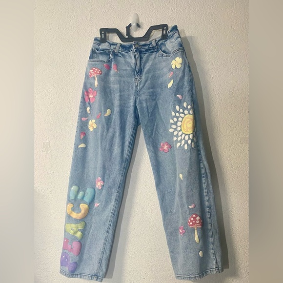 Wild Fable boho dad jeans high rise medium wash with painted accents - Picture 2 of 9
